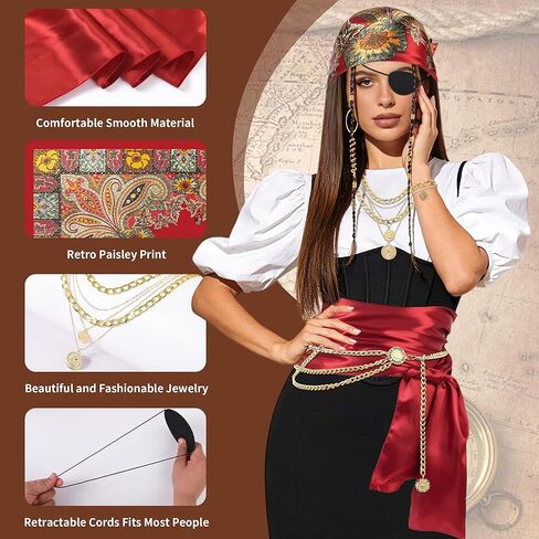 38PCS Pirate Accessories for Women - Captain Costume Set with Telescope, Gold Coins, Jewelry, Sash, Bandana & Eye Patch - Complete Halloween Cosplay Dress Up Kit for Ladies in Saudi Arabia