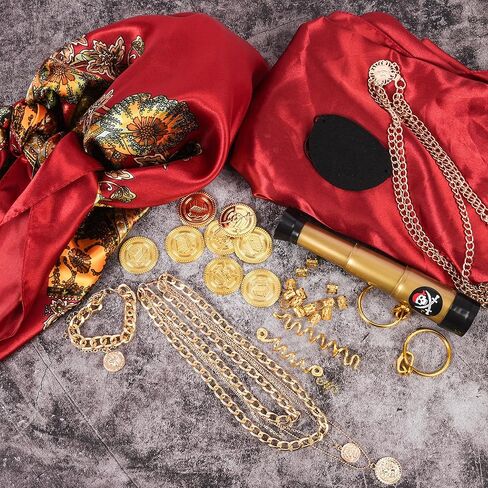 38PCS Pirate Accessories for Women - Captain Costume Set with Telescope, Gold Coins, Jewelry, Sash, Bandana & Eye Patch - Complete Halloween Cosplay Dress Up Kit for Ladies in Saudi Arabia