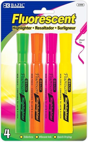 BAZIC PRODUCTS Assorted Fluorescent Ink Highlighter – Chisel Tip Broad Fine Line, Desk Style Highlighter Pen for Office and School, Unscented, Smooth Marking, 4/Pack, 1-Pack in Saudi Arabia