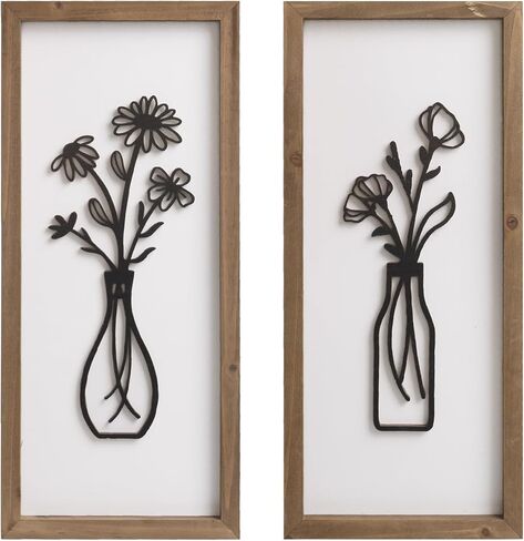 pechpell 3D Wooden Flower Wall Art With Wood Framed, 15.7×7.1 Inch Set of 2 Boho Black White Wall Vase For Floral Decor, Bathroom Bedroom Kitchen Rustic Farmhouse Home Artwork in Kuwait