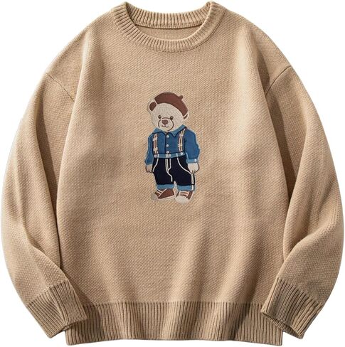 SHENHE Men's Oversized Crew Neck Cute Bear Sweater Vintage Unisex Preppy Graphic Sweater Jumper Khaki Mdeium in Saudi Arabia