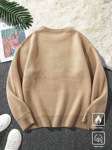 SHENHE Men's Oversized Crew Neck Cute Bear Sweater Vintage Unisex Preppy Graphic Sweater Jumper Khaki Mdeium in Saudi Arabia