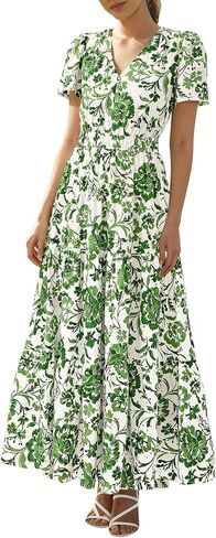 BTFBM Womens Summer Dresses 2026 V Neck Hollow Out Eyelet A Line Flowy Boho Beach Vacation Wedding Guest Maxi Dress in Saudi Arabia