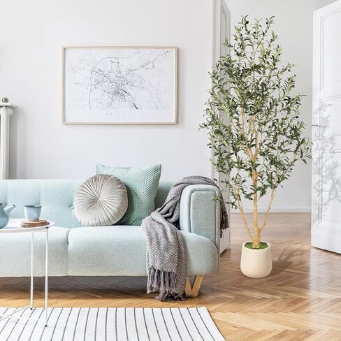 شجرة زيتون صناعية بطول 7 أقدام - أشجار زيتون صناعية داخلية بطول 7 أقدام مع زارع - شجرة زيتون طويلة مزيفة بوعاء مع صندوق خشبي طبيعي وأوراق خضراء، شجرة صناعية أنيقة لديكور المنزل والمكتب in Kuwait