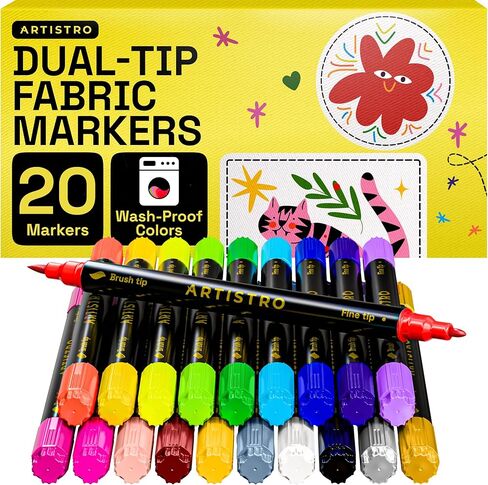 ARTISTRO 20 Dual-Tip Fabric Markers - Fabric Decorating Kit - Permanent for Clothes - No Bleed Pens for T-Shirts, Bags, Textile, Canvas, and More (Brush Tip and Fine Tip) in Kuwait