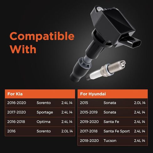Ignition Coil Pack and Iridium Spark Plugs Kit, UF764 93175, for Hyundai Sonata Santa Fe Sport Tucson 2015 2016 2017 2018 2019, for Kia Optima Rondo Sorento Sportage Stinger, for Genesis 2.0L 2.4L L4 in Saudi Arabia