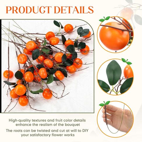 16 Pcs Artificial Orange Branches 17.72 Inch Fake Tangerine Branches Realistic Faux Oranges Fruit with Green Leaves Orange Kumquat Branch for Home Vase Party Decoration Prop(2 Oranges) in Saudi Arabia