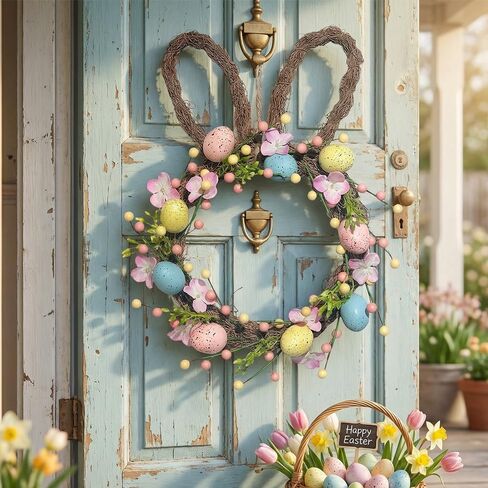 Easter Wreath, 16'' Spring Rabbit Wreath for Front Door, Easter Bunny Wreath with Pastel Speckled Eggs & Berries, Artificial Farmhouse Wall Decor for Home Indoor in Saudi Arabia