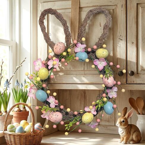 Easter Wreath, 16'' Spring Rabbit Wreath for Front Door, Easter Bunny Wreath with Pastel Speckled Eggs & Berries, Artificial Farmhouse Wall Decor for Home Indoor in Saudi Arabia