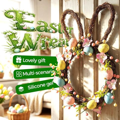 Easter Wreath, 16'' Spring Rabbit Wreath for Front Door, Easter Bunny Wreath with Pastel Speckled Eggs & Berries, Artificial Farmhouse Wall Decor for Home Indoor in Saudi Arabia