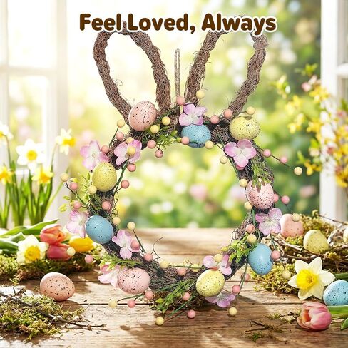 Easter Wreath, 16'' Spring Rabbit Wreath for Front Door, Easter Bunny Wreath with Pastel Speckled Eggs & Berries, Artificial Farmhouse Wall Decor for Home Indoor in Saudi Arabia