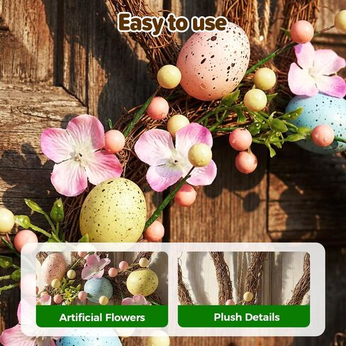 Easter Wreath, 16'' Spring Rabbit Wreath for Front Door, Easter Bunny Wreath with Pastel Speckled Eggs & Berries, Artificial Farmhouse Wall Decor for Home Indoor in Saudi Arabia