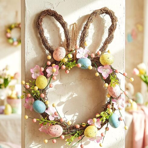 Easter Wreath, 16'' Spring Rabbit Wreath for Front Door, Easter Bunny Wreath with Pastel Speckled Eggs & Berries, Artificial Farmhouse Wall Decor for Home Indoor in Saudi Arabia