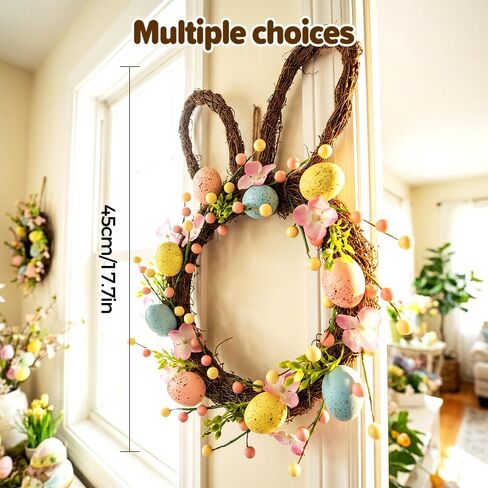 Easter Wreath, 16'' Spring Rabbit Wreath for Front Door, Easter Bunny Wreath with Pastel Speckled Eggs & Berries, Artificial Farmhouse Wall Decor for Home Indoor in Saudi Arabia