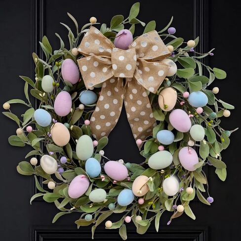 TEMPUS 20" Artificial Easter for Front Door Wreath with Flocking Eggs & Berries - Spring Farmhouse Door Decor for Indoor/Outdoor in Saudi Arabia