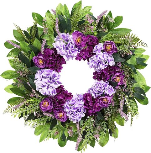 Spring Wreaths for Front Door, 24 Inch Spring Wreath Purple Floral with Hydrangea Ranunculus Flower Summer Door Wreaths for Porch Entryways Wall Window Farmhouse Party Home Seasonal Decor in Saudi Arabia