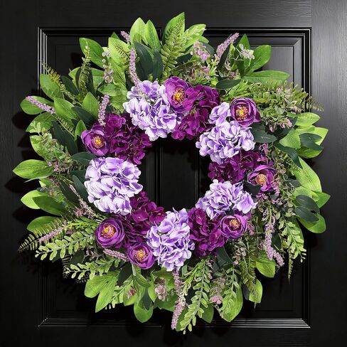 Spring Wreaths for Front Door, 24 Inch Spring Wreath Purple Floral with Hydrangea Ranunculus Flower Summer Door Wreaths for Porch Entryways Wall Window Farmhouse Party Home Seasonal Decor in Saudi Arabia