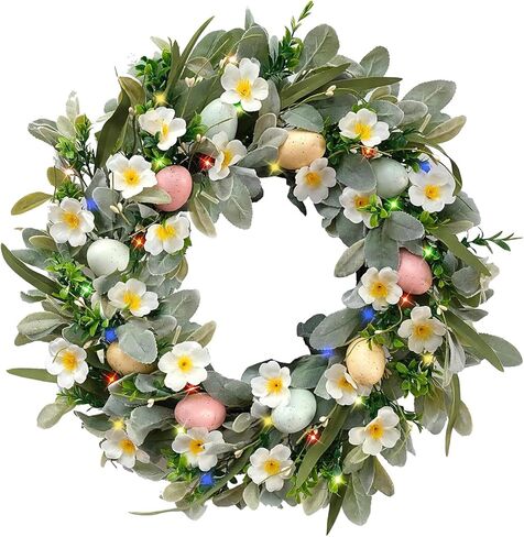 18 Inch Spring Easter Egg Wreaths Decoration with Lights for Front Door, Artificial Summer Floral Wreath with Lambs Ear Leaves for Home Outdoor Indoor Window Wall Holiday Party Decor in Saudi Arabia