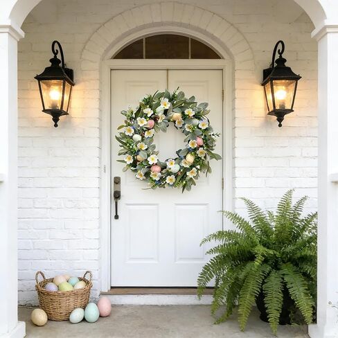 18 Inch Spring Easter Egg Wreaths Decoration with Lights for Front Door, Artificial Summer Floral Wreath with Lambs Ear Leaves for Home Outdoor Indoor Window Wall Holiday Party Decor in Saudi Arabia