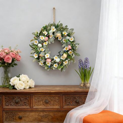 18 Inch Spring Easter Egg Wreaths Decoration with Lights for Front Door, Artificial Summer Floral Wreath with Lambs Ear Leaves for Home Outdoor Indoor Window Wall Holiday Party Decor in Saudi Arabia