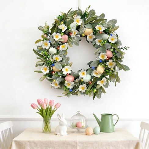 18 Inch Spring Easter Egg Wreaths Decoration with Lights for Front Door, Artificial Summer Floral Wreath with Lambs Ear Leaves for Home Outdoor Indoor Window Wall Holiday Party Decor in Saudi Arabia