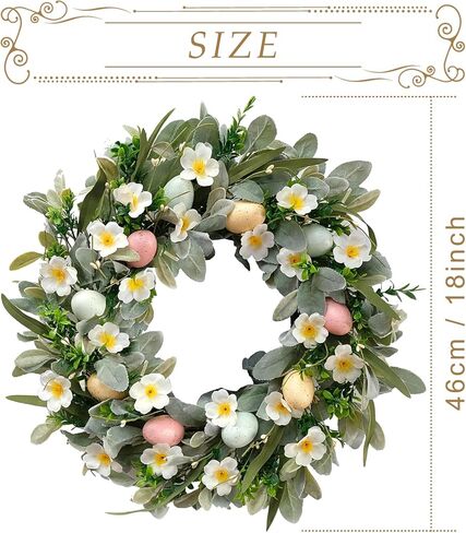 18 Inch Spring Easter Egg Wreaths Decoration with Lights for Front Door, Artificial Summer Floral Wreath with Lambs Ear Leaves for Home Outdoor Indoor Window Wall Holiday Party Decor in Saudi Arabia