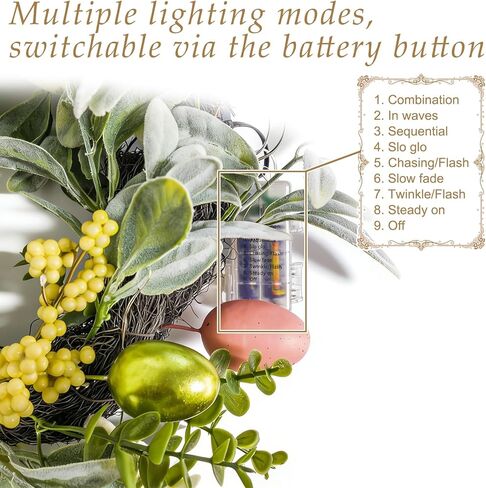 18 Inch Spring Easter Egg Wreaths Decoration with Lights for Front Door, Artificial Summer Floral Wreath with Lambs Ear Leaves for Home Outdoor Indoor Window Wall Holiday Party Decor in Saudi Arabia