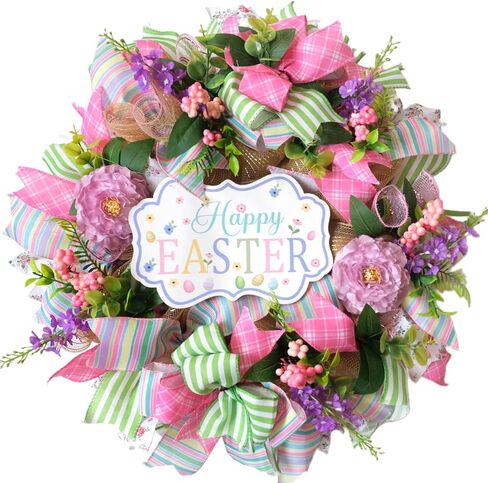 Easter Wreaths for Front Door, 22 inch Easter Door Wreath Decorations with Welcome Sign, Artificial Spring Wreath with Flowers for Home Wall Window Farmhouse Outdoor Decor in Saudi Arabia