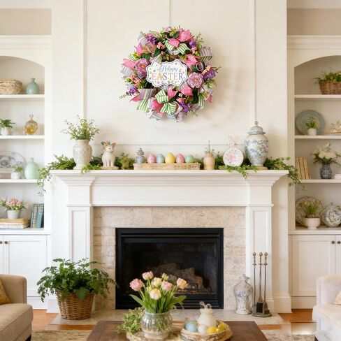 Easter Wreaths for Front Door, 22 inch Easter Door Wreath Decorations with Welcome Sign, Artificial Spring Wreath with Flowers for Home Wall Window Farmhouse Outdoor Decor in Saudi Arabia