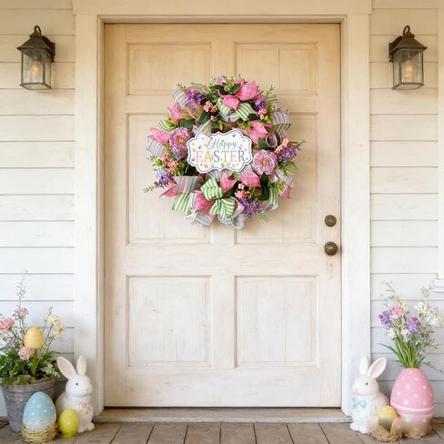 Easter Wreaths for Front Door, 22 inch Easter Door Wreath Decorations with Welcome Sign, Artificial Spring Wreath with Flowers for Home Wall Window Farmhouse Outdoor Decor in Saudi Arabia