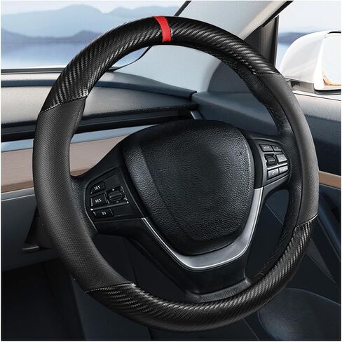 Carbon Fiber Car Steering Wheel Cover, Leather Breathable Automotive Wheel Protector, 15 Inch Anti-Slip Vehicle Interior Steering Accessories, Universal for SUV Truck Sedan (Black) in Saudi Arabia