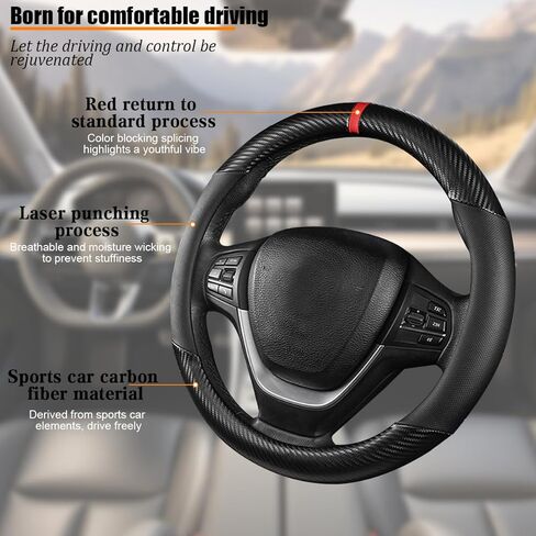 Carbon Fiber Car Steering Wheel Cover, Leather Breathable Automotive Wheel Protector, 15 Inch Anti-Slip Vehicle Interior Steering Accessories, Universal for SUV Truck Sedan (Black) in Saudi Arabia