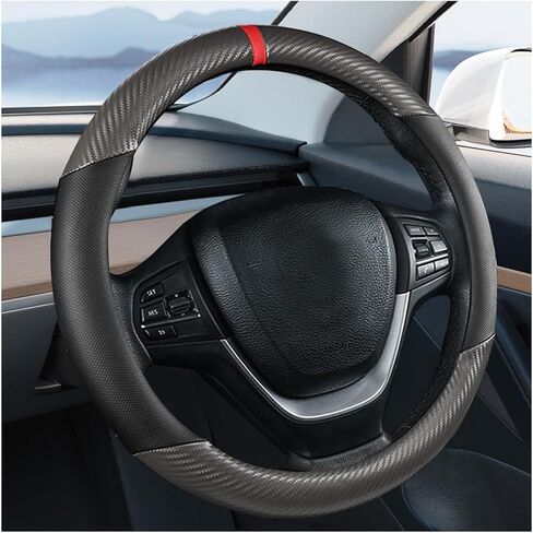 Carbon Fiber Car Steering Wheel Cover, Leather Breathable Automotive Wheel Protector, 15 Inch Anti-Slip Vehicle Interior Steering Accessories, Universal for SUV Truck Sedan (Black) in Saudi Arabia