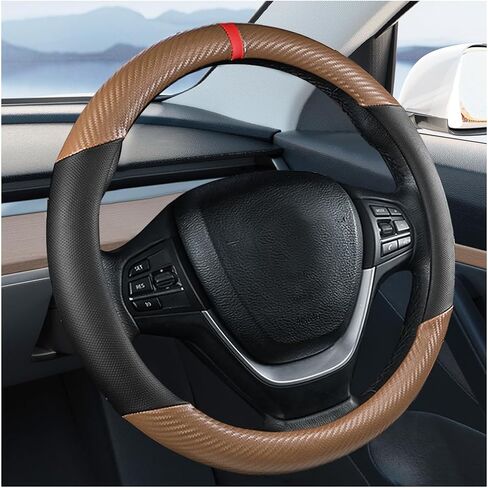 Carbon Fiber Car Steering Wheel Cover, Leather Breathable Automotive Wheel Protector, 15 Inch Anti-Slip Vehicle Interior Steering Accessories, Universal for SUV Truck Sedan (Black) in Saudi Arabia