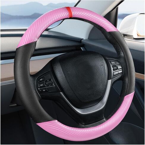 Carbon Fiber Car Steering Wheel Cover, Leather Breathable Automotive Wheel Protector, 15 Inch Anti-Slip Vehicle Interior Steering Accessories, Universal for SUV Truck Sedan (Black) in Saudi Arabia