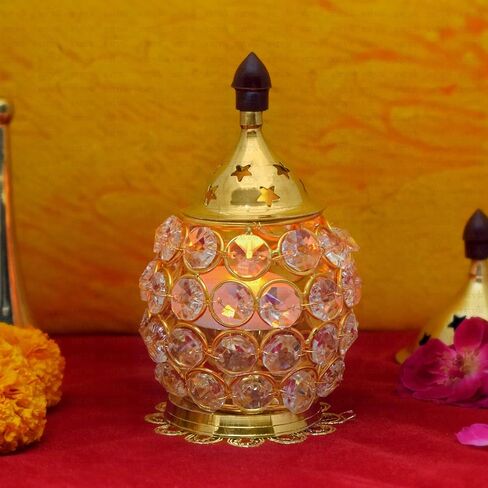 Satvik 5 بوصة Akhand Chimney Diya Diwali Gift/Diwali Deepawali ديكور نحاسي مزخرف كريستال مصباح زيتي حامل ضوء الشاي فانوس بيضاوي الشكل | عناصر هدايا الترحيب بالمنزل الهندي على شكل مصباح بوجا in Saudi Arabia
