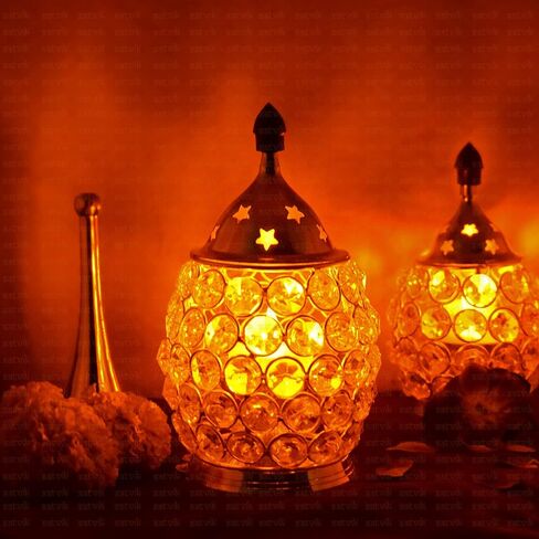 Satvik 5 بوصة Akhand Chimney Diya Diwali Gift/Diwali Deepawali ديكور نحاسي مزخرف كريستال مصباح زيتي حامل ضوء الشاي فانوس بيضاوي الشكل | عناصر هدايا الترحيب بالمنزل الهندي على شكل مصباح بوجا in Saudi Arabia