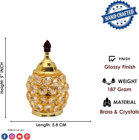 Satvik 5 بوصة Akhand Chimney Diya Diwali Gift/Diwali Deepawali ديكور نحاسي مزخرف كريستال مصباح زيتي حامل ضوء الشاي فانوس بيضاوي الشكل | عناصر هدايا الترحيب بالمنزل الهندي على شكل مصباح بوجا in Saudi Arabia