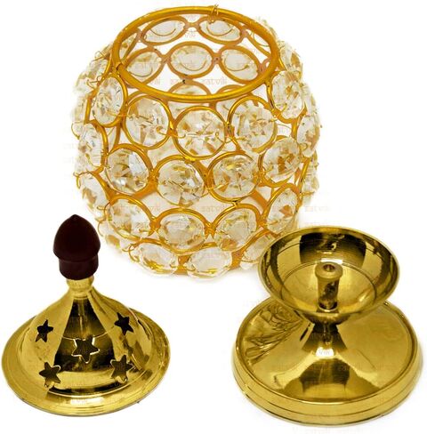Satvik 5 بوصة Akhand Chimney Diya Diwali Gift/Diwali Deepawali ديكور نحاسي مزخرف كريستال مصباح زيتي حامل ضوء الشاي فانوس بيضاوي الشكل | عناصر هدايا الترحيب بالمنزل الهندي على شكل مصباح بوجا in Saudi Arabia