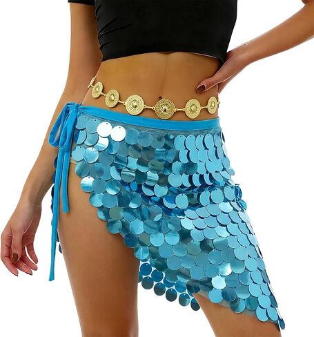 Women's Sequin Belly Dance Mini Hip Scarf, Sparkly Mermaid Wrap Skirt with Gold Chain Belt 2Pcs Set for Dance, Party, Rave in Saudi Arabia
