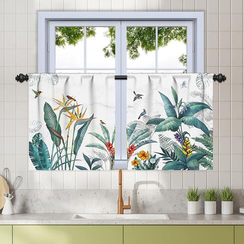 renaiss 26 × 36 بوصة النباتات الاستوائية ستائر نافذة المطبخ على بالوعة الغابات المطيرة أشجار النخيل الزهور الطيور الصغيرة نافذة العلاج الستائر الكتان مقهى ستائر قصيرة للحمام الطبقة الستائر 2 لوحات in Saudi Arabia