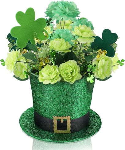 St. Patrick's Day Decorations Centerpiece for Table Green Leprechaun Top Hat Flower Pot Set Artificial Shamrock Flowers Arrangement with Irish Hat Flower Vase for Home Dining Table Holiday in Saudi Arabia