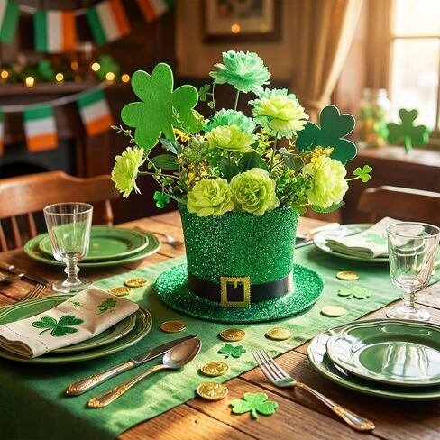 St. Patrick's Day Decorations Centerpiece for Table Green Leprechaun Top Hat Flower Pot Set Artificial Shamrock Flowers Arrangement with Irish Hat Flower Vase for Home Dining Table Holiday in Saudi Arabia