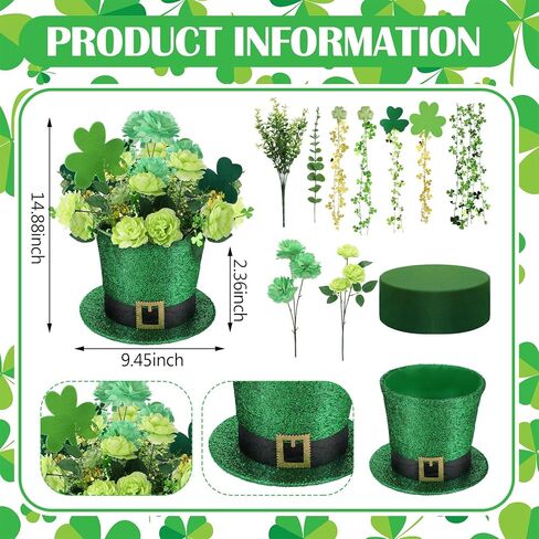 St. Patrick's Day Decorations Centerpiece for Table Green Leprechaun Top Hat Flower Pot Set Artificial Shamrock Flowers Arrangement with Irish Hat Flower Vase for Home Dining Table Holiday in Saudi Arabia