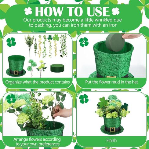St. Patrick's Day Decorations Centerpiece for Table Green Leprechaun Top Hat Flower Pot Set Artificial Shamrock Flowers Arrangement with Irish Hat Flower Vase for Home Dining Table Holiday in Saudi Arabia