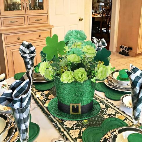 St. Patrick's Day Decorations Centerpiece for Table Green Leprechaun Top Hat Flower Pot Set Artificial Shamrock Flowers Arrangement with Irish Hat Flower Vase for Home Dining Table Holiday in Saudi Arabia