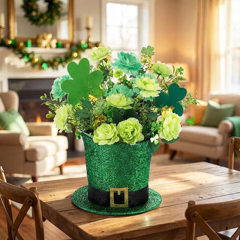 St. Patrick's Day Decorations Centerpiece for Table Green Leprechaun Top Hat Flower Pot Set Artificial Shamrock Flowers Arrangement with Irish Hat Flower Vase for Home Dining Table Holiday in Saudi Arabia