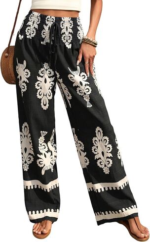 ZAFUL Boho Pants for Women Floral High Waisted Wide Leg Palazzo Pants Summer Trendy Casual Lounge Pants Women Vacation in Saudi Arabia