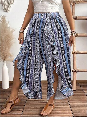 OYOANGLE Women's Plus Size Boho Print Ruffle Trim Cropped Pants Slit Wide Leg High Waist Casual Trousers in Saudi Arabia