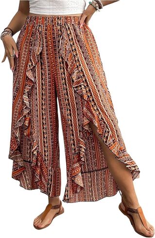 OYOANGLE Women's Plus Size Boho Print Ruffle Trim Cropped Pants Slit Wide Leg High Waist Casual Trousers in Saudi Arabia